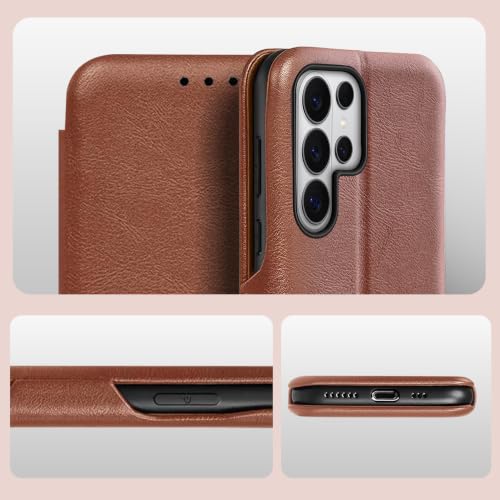 Image of PULOKA Premium Vegan Leather Phone Cover with Card Slot - Compatible with Samsung Galaxy S25 Ultra - Sleek Flip Case, Slim, Durable, Privacy Protection, Kickstand Function (Brown)