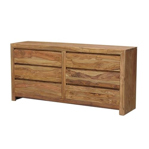 Allora Mid-Century Modern Wood Bedroom Dresser, 65 in Wide, Natural Wax Finish, 6-Drawer Horizontal Design, Solid Sheesham Wood, Sustainable Handcrafted Furniture for Modern Bedroom Storage