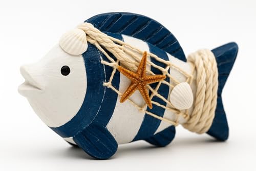Heiko Blume Deko-Fisch aus Holz Blau-Weiß – handbemalt, 13,5 × 4 × 9 cm, mit Seil, Muschel & Seestern – Maritime Strandhaus-Deko fürs...