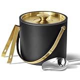 Bakpoco 3L Ice Bucket with Silicone Lid, Scoop, Gold Tongs & Strainer, Stainless Steel Double Wall Insulated Ice Buckets for Parties & Cocktail Bar, Outdoor Champagne Ice Container Bin, Black