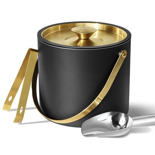 Bakpoco 3L Ice Bucket with Silicone Lid, Scoop, Gold Tongs & Strainer, Stainless Steel Double Wall Insulated Ice Buckets for Parties & Cocktail Bar, Outdoor Champagne Ice Container Bin, Black