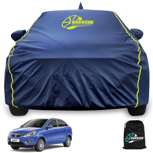 Image of Tata Zest Cover Waterproof Uvray Dust Outdoor Indoor Protection Piping Design with Mirror Antena Pocket Belt Buckle Hook Front and Back Elastic Better Fitting for Zest with Navy Blue Colour