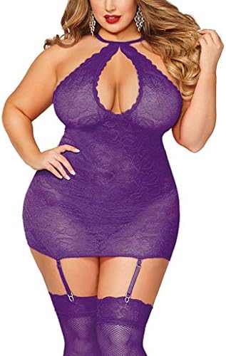 Lethez Plus Size Women Lingerie Lace Babydoll Halter Teddy Front Keyhole Sleepwear with Garters (XXXL, Purple)
