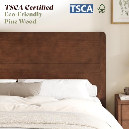 Image of AMERLIFE Solid Wood Japanese Joinery Queen Bed Frame with Headboard, Walnut