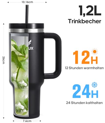 Image of Drinking Bottle with Straw, 1.2 L Thermal Mug with Handle, Leak-Proof