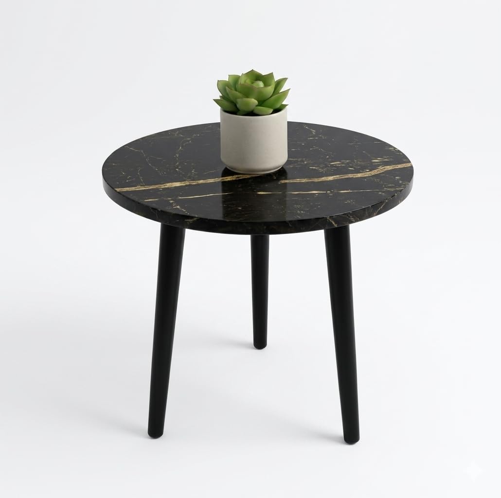 Modern Round Side Table | 12 * 12 Inch Wooden Coffee Table | Minimalist Bedside Table for Living Room, Bedroom & Balcony | White top with Solid Wooden Legs (Full Black)-image-40