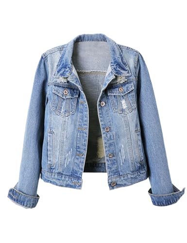 Snoly Women's Jean Buttons Ripped Denim Jackets Coats with Detachable Hood,Sherpa Fleece Linings And regular Jackets