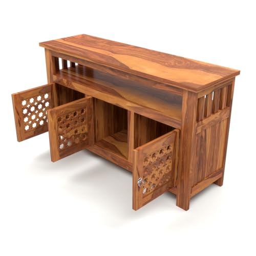 Image of Solid Sheesham Wood TV Unit Cabinet with Carved Doors | Wooden Entertainment Unit for Living Room | Multipurpose Sideboard for TV, Decor & Home Organization (Honey Finish)