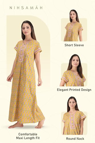 Image of NIHSAMAH Cotton Nighty for Women with Pocket, Premium Printed Long Nighty | Comfortable & Fancy Sleepwear /Nightwear