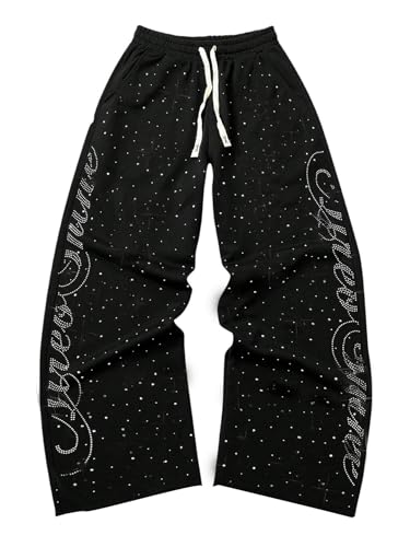 SOLY HUX Men's Baggy Sweatpants Y2k Sparkly Rhinestone Drawstring Elastic Waist Wide Leg Loose Pants Streetwear Black Letter Large