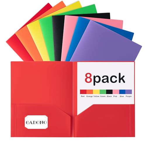 CADONO Plastic Folders with Pockets (8 Pack,Assorted Colors), Durable Heavy Duty File Folders with Business Card Slot, 2-Pocket Folder for Schoolwork & Office,Back to School Supplies