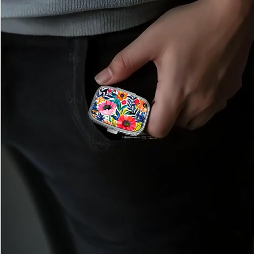Image of Pill Box-2 Compartment Small Pill Case Portable for Pocket & Purse Single Pill Carrier Pill Container to Hold Vitamins Medication Fish Oil and Supplements BPA-Free(Garden Party-01)