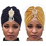 Yeilhile African Crystal Turban Red Velvet Headwrap Tassel Head Cover Wrap Headwear for Women (Pack of 2) (Gold+Navy blue)