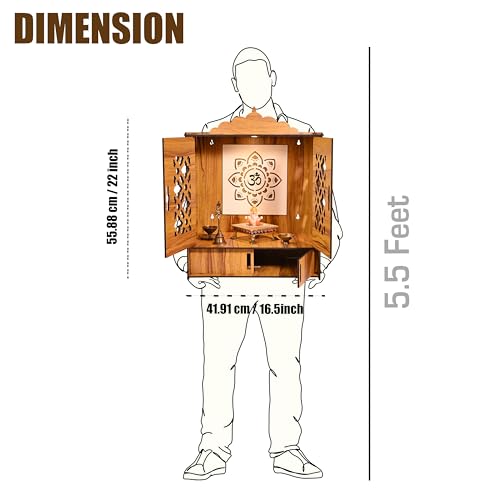 Image of Rousrie Wooden Temple Mandir for Home with Door Cabinets | Beautiful Pooja Unit with Storage Space | with LED Light and Wall Mounts | Pooja Mandir for Home Big Size (H-22, L-16.5, B-10.6 inch)