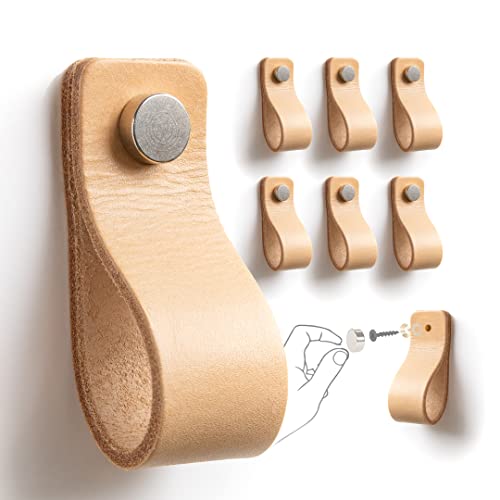 LA CHUECA POLO TIRADOR de CUERO para Mueble Armario o Cajon. 100% Vacuno GENUINO Argentino (6 pcs) - Original (MEDIUM, Natural) Cover