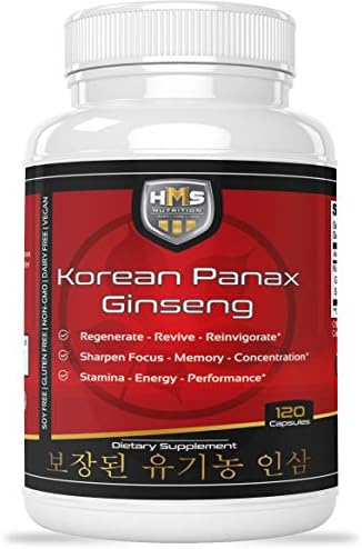 Certified Organic 2000mg Korean Red Panax Ginseng 120 Vegan Capsules Super Strength Extract Powder Supplement - High Ginsenosides Supports Energy, Stamina, Performance and Mental Health