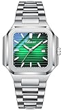 BESTKANG Men's Classic Square Watch - Silver Stainless Steel Analog Quartz Dress Watch with Luminous Hands, Date Calendar, 30M Water Resistant for Business Casual (Green)