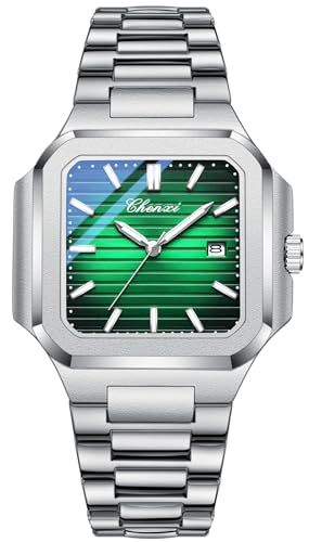 BESTKANG Men's Classic Square Watch - Silver Stainless Steel Analog Quartz Dress Watch with Luminous Hands, Date Calendar, 30M Water Resistant for Business Casual (Green)