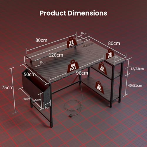 DOMSHOCT L Shaped Gaming Desk with LED Lights & Power Outlets, 120*80cm Corner Computer Table with Storage Bag & Adjustable Shelves & Large Monitor Stand, Home Office Study Workstation, Carbon Black