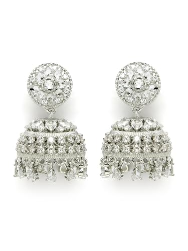 Image of Karatcart Women Silver Plated Blue American Diamond Studded Jhumki Earrings