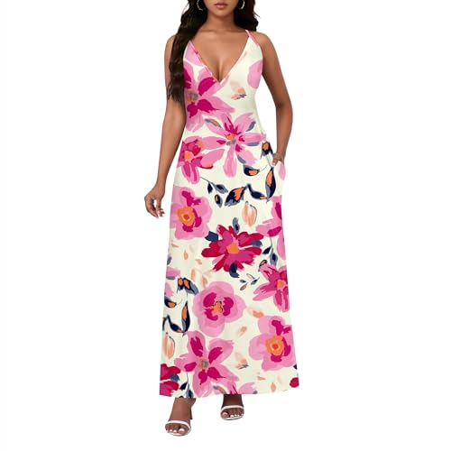 Image of Women Floral Sundress Summer Casual Spaghetti Strap V Neck Long Maxi Dress Sexy Boho Beach Dresses with Pockets Floral-3 XXL