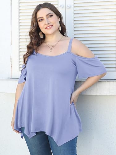 Image of LARACE Cold Shoulder Tops for Womens Summer Clothes Spaghetti Strape Tunic Oversized Shirts Asymmetrical Plus Size Blouse