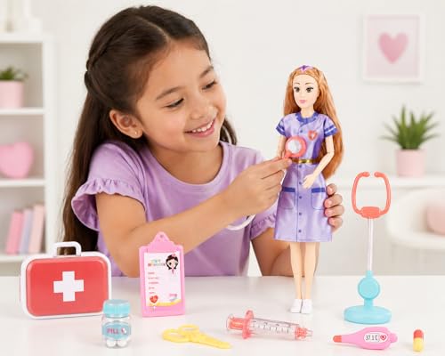 Image of SUPER TOY Doctor Doll Playset for Girls with Medical Kit Accessories, Movable Joint Doll, Pretend Play Doctor Set Toy for Kids