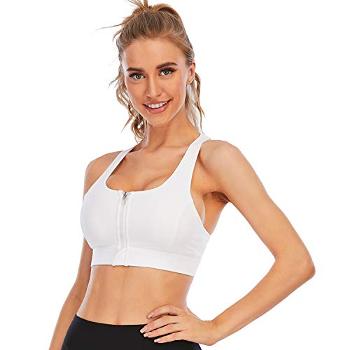 Cordaw Zipper In Front Sports Bra High Impact Strappy Back Support Workout Top, White Xxl #TOP1