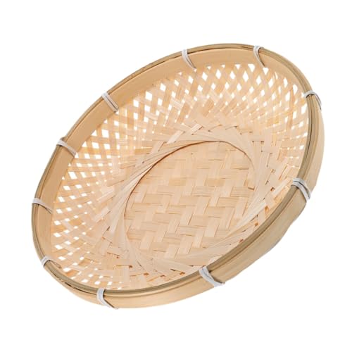 BESPORTBLE Bamboo Woven Basket Tray Flat Wicker Round Fruit Basket Food Storage Shallow Tray Snacks Candy Bread Serving Tray Wall Hanging Baskets for Breakfast Vegetables, 22.00X22.00X5.00CM