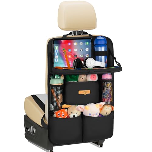 SURDOCA Car Seat Organiser Kids with Foldable Tray – 7 Pockets, Roadtrip Essentials – Fits Most Vehicles