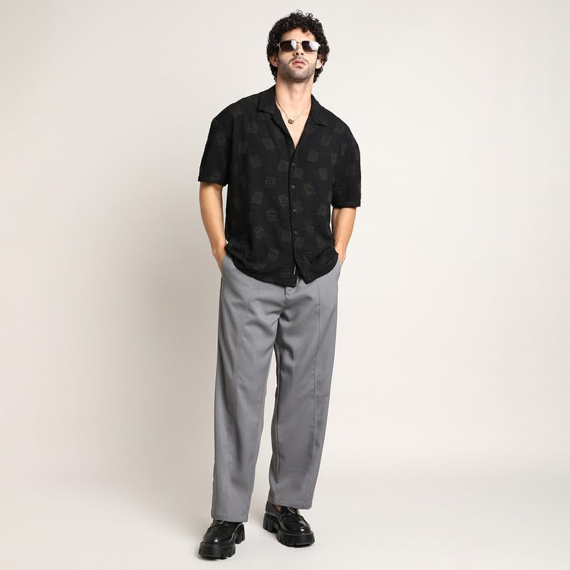 Image of CAHOOT Men's Oversized Shirt for Casual Wear | Cuban Collar | Short Regular Sleeves | Button Closure | Oversized Shirt Crafted with Comfort Fit for Everyday Wear