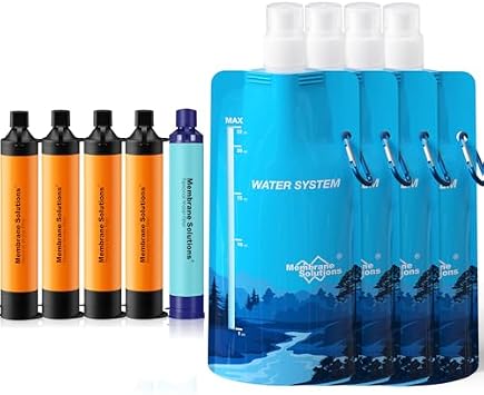 Membrane Solutions Squeezable Water Filtration System, Survival Water Purifier Kit, Portable Backpacking Gear Including Water Filter Straw and 23oz Collapsible Bottle for Hiking Camping Travel5+4