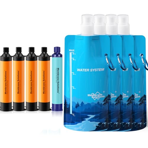 Membrane Solutions Squeezable Water Filtration System, Survival Water Purifier Kit, Portable Backpacking Gear Including Water Filter Straw and 23oz Collapsible Bottle for Hiking Camping Trav