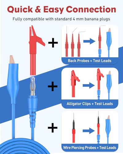 Vibit 30 Pcs Back Probe Kit Automotive, Banana Plug to Alligator Clip Test Leads, Back Probe Test Lead Kit with Wire Piercing Probe, Insulated Test Leads Set for Multimeter & Electrical Testing - Thumbnail 4