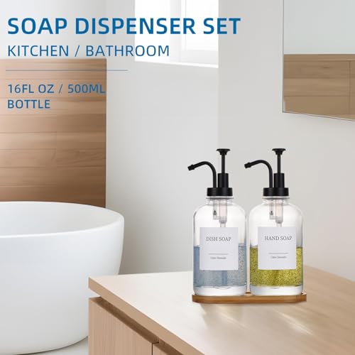 Image of Glass Soap Dispenser with Pump, Dish and Hand Soap Dispenser for Kitchen Bathroom Set, Clear Glass Dispenser Set of 2 Pack with 18 Stickers Funnel Bamboo Tray 500ml 18oz / Each Bottle Sliver Pump