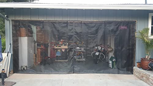Image of Garage Door Screen - 2 Car 18x7Ft Magnetic Closure Heavy Duty Weighted Bottom Screen Self Sealing Fiberglass Mesh Retractable Net - Easy Assembly & Pass-Through(Black)