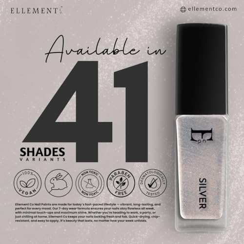 Image of Ellement Co Silver Nail Polish 10 ml with high shine metallic silver tone offers glossy salon finish, smooth streak free application, quick drying formula, and long lasting chip resistant wear, perfect for festive looks, party glam, celebrations, and statement nail styling.