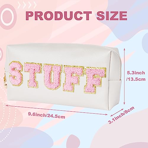 Burskit Preppy Patch Stuff Portable Makeup Bag Bulk PU Leather Cosmetic Bag Waterproof Travel Organiser Zipper Pouch Storage Purse for Women Girls Gift