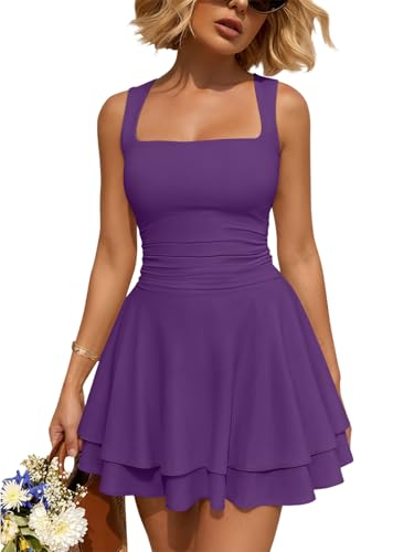 Image of Trendy Queen Women's Square Neck Summer Party Flowy Ruffle Hem Ruched Waist Mini Dress