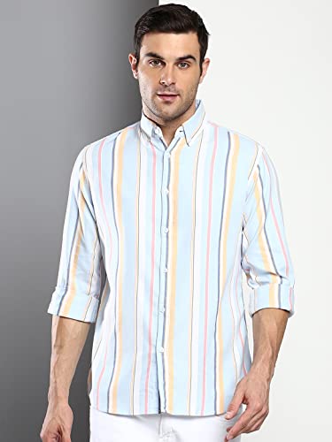 Image of Dennis Lingo Men's Striped Slim Fit Oxford Cotton Casual Shirt with Button Down Collar & Full Sleeves