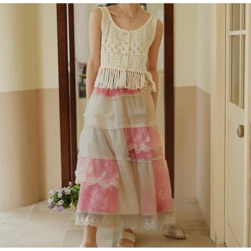 Y2k Retro College Style midi Skirt with Summer high Waist and Slimming Effect Patchwork lace Skirt4