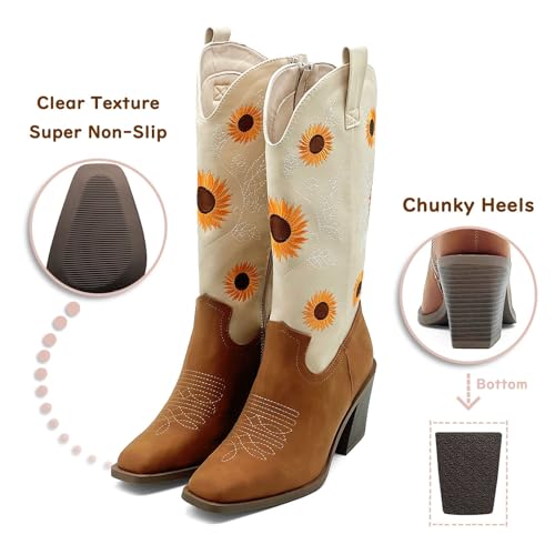 Western Cowboy Boots for Women Mid Calf Cowgirl Boots with Classic Sunflower Embroidered Slip On Square Toe Chunky High Heels Fashion Retro Pull-On Boot for Girls Ladies Fall & Winter3