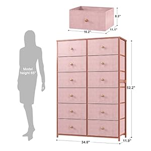 Enhomee dresser with 12 drawers tall dressers for girls bedroom with wood top metal frame chest of drawers for bedroom closets pink 119 d x 348 w x 522 h  urban country home decor