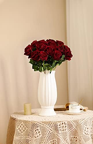 Cotemdery Artificial Velvet Roses Silk Burgandy Rose Fake Red Flowers with Stem Floral Gift for Wedding Arrangement Party Home Decor