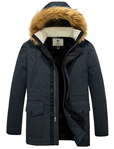 WenVen Men's Winter Warm Thickened Waterproof Parka Jacket Fur Hooded Coat(Navy,Medium)
