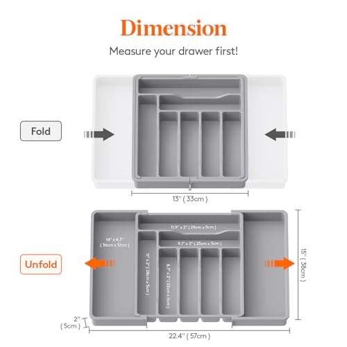 Lifewit Silverware Drawer Organizer, Expandable Utensil Organizer for Kitchen Drawers, Adjustable Cutlery and Flatware Tray, Plastic Spoons Forks Knives Holder Storage Dividers, Large, Gray