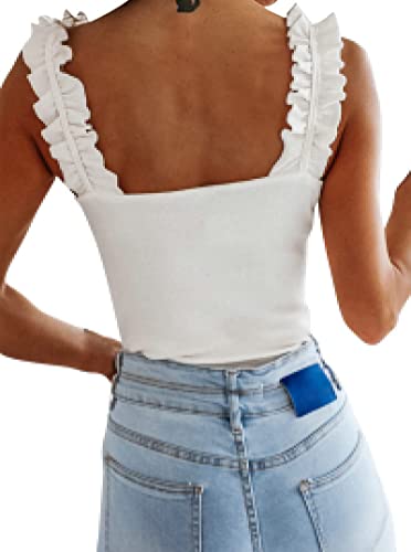 Remidoo Women's Causal Frill Trim Strap Ribbed Knit Sleeveless Cami Tank Top White X-Small #TOP1