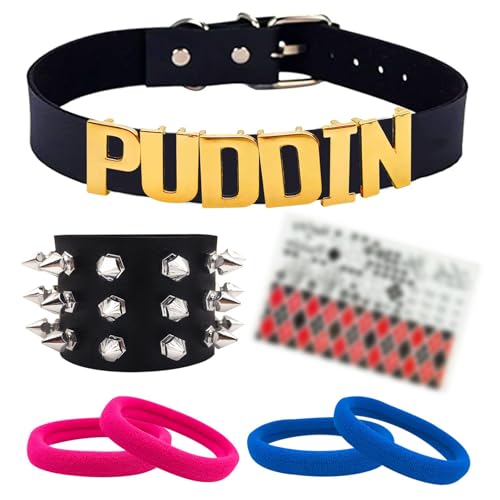 MAQVQLU Puddin Choker Bracelet Set Adjustable Leather Letter Collar Necklace Punk Leather Bracelet Halloween Cosplay Accessory for Women Halloween Party Costume