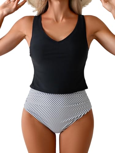 Eomenie Two Piece Tankini Swimsuits for Women Tummy Control Bathing Suits Cutout Back Swim Tank Top with High Waisted Bottom