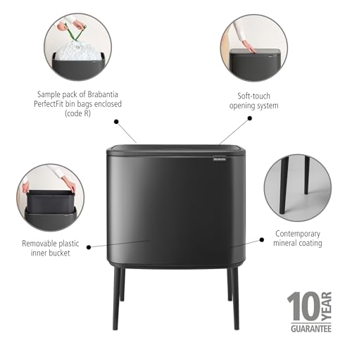 Image of Brabantia Bo Touch Top Kitchen Trash Can with Single Compartment & Raised Legs | Confident Gray | 9.5 Gal Inner Bucket | Soft-Close Garbage Can, Stay-Open Lid | Fits Against Wall | + Trash Bags
